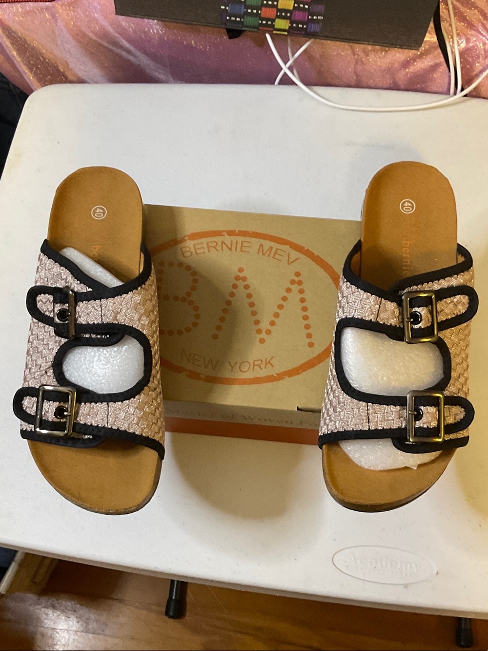 Shoes 13 - bernie mev. Pink Woven Double-Buckle Slide Sandals with Black Trim